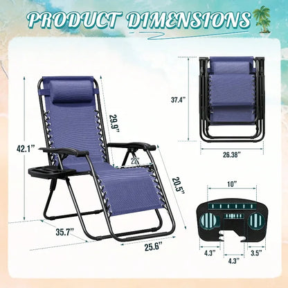 Zero Gravity Chair Patio Folding Lawn Outdoor Lounge Gravity Camp Reclining Lounge Chair With Cup Holder Pillows For Poolside Backyard And Beach Set Of 2 (Blue)