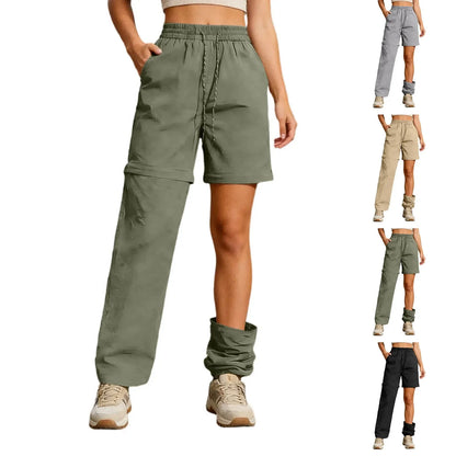 Women's Casual Waterproof Hiking Pants Loose Fit Zip Off Convertible Shorts High Waist Drawstring Wide Leg Pants With Pockets