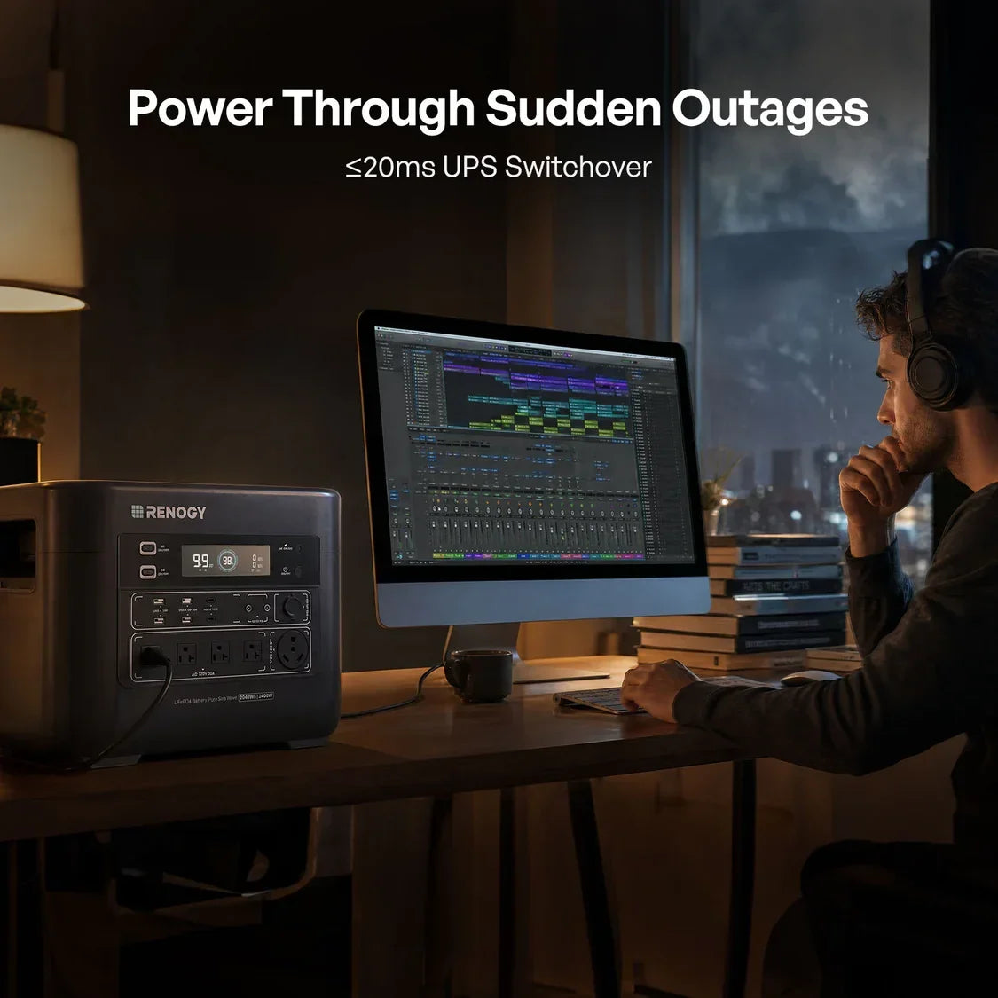 Renogy PowerStation 2000 Portable Power Station, 2048Wh LiFePO4 Solar Generator, 2400W/3600W Surge, TT-30 RV Outlet, ≤20ms UPS Backup, 25dB Quiet, 1-Hr Fast Charge for Home & Off-Grid