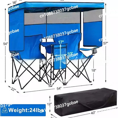 Double-seater moon chair with umbrella and small partition, outdoor folding chair, suitable for fishing and camping
