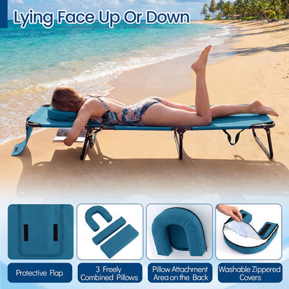 Set of 2 Folding Face Down Tanning Chair with Face Hole 3 Removable Pillows