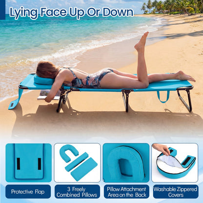 Set of 2 Folding Face Down Tanning Chair with Face Hole 3 Removable Pillows