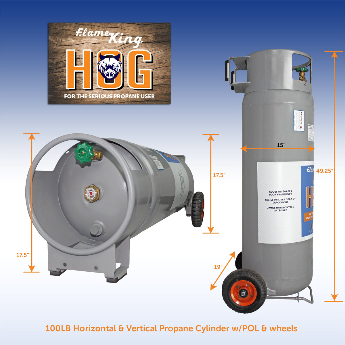 Flame King 100lb Empty Horizontal & Vertical Propane Cylinder with POL & Wheels