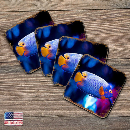 Tropical Fish Coastal Wooden Cork Coasters Gift Set of 4 by Nature Wonders - Coastal Sea-Life Decor - 95251C-S4